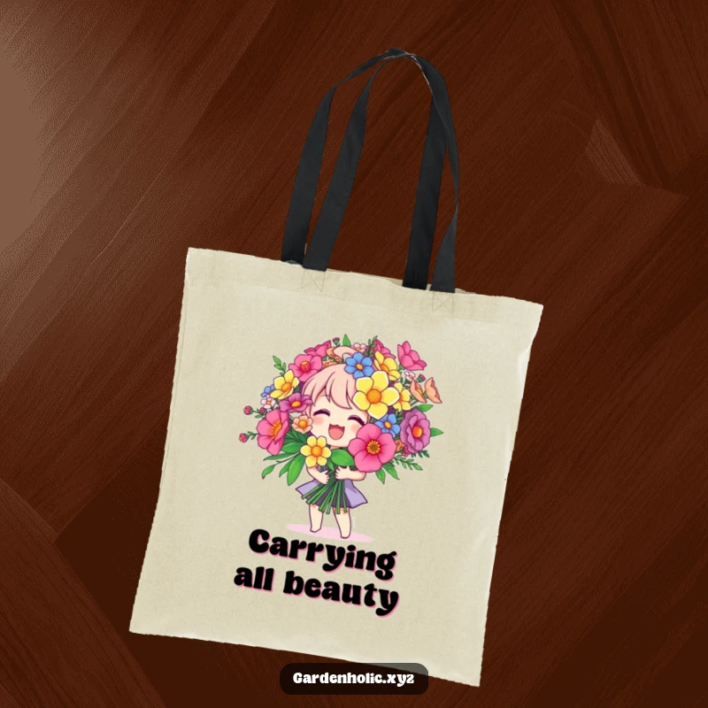 Funny tote bag featuring a joyful character holding a giant bouquet, symbolizing happiness and practicality, a stylish and funny gift.