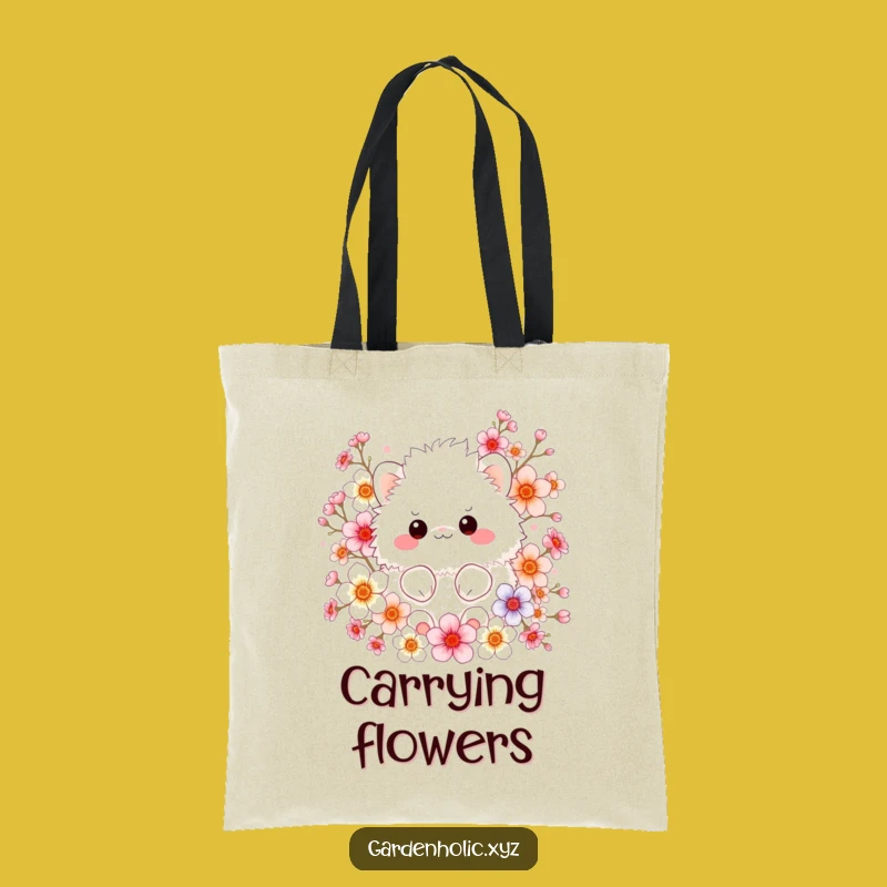 Funny Tote Bag: Fluffy Creature & Blossoms, Practical Funny Gift