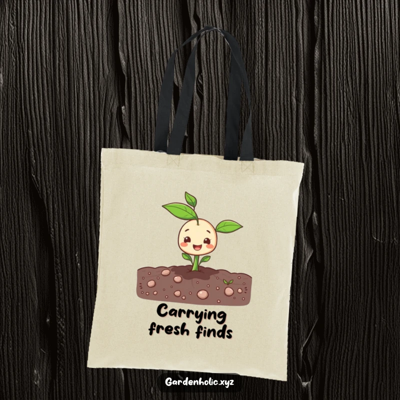 Funny sprout character popping cheerfully out of the ground on a durable tote bag.