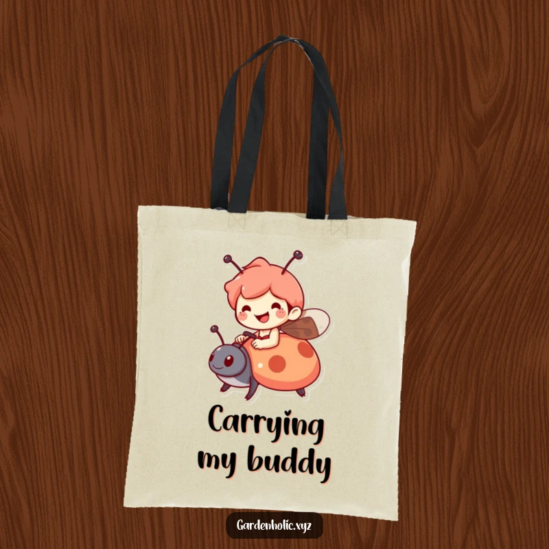 Funny tote bag featuring a cheerful character riding a ladybug, symbolizing joy and practicality, a durable and funny gift.