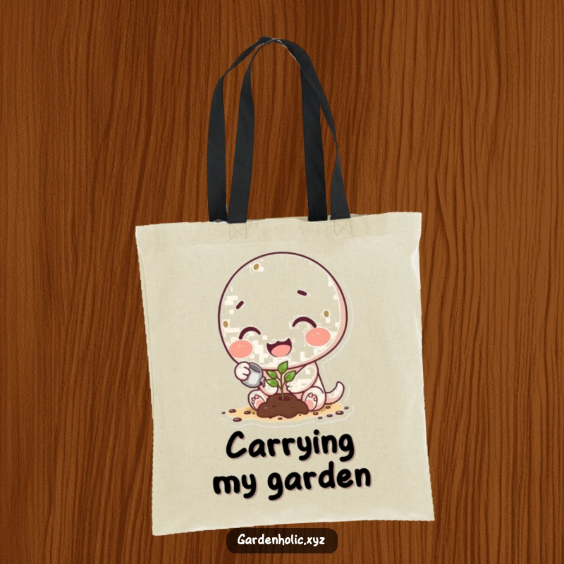 Funny tote bag with a happy character, dirt smudges and all, watering a tiny, precious sprout.