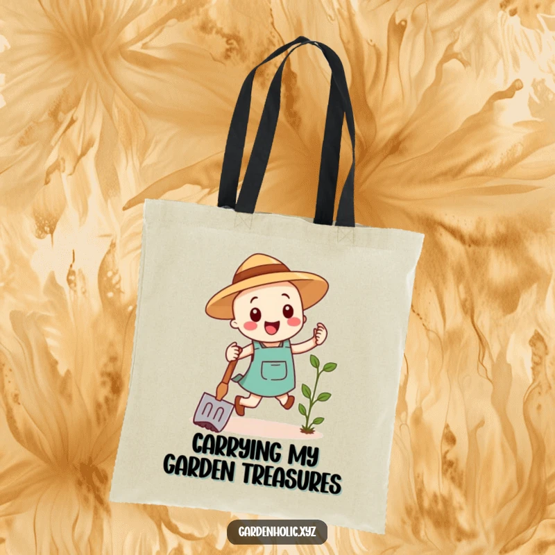 Funny tote bag illustrating a cheerful gardening hoe in a happy hopping pose, ideal for carrying goodies humorously.