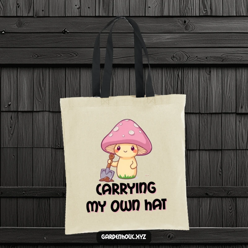 Funny mushroom with a shovel attempting to plant its cap on a tote bag, a humorous and practical accessory.