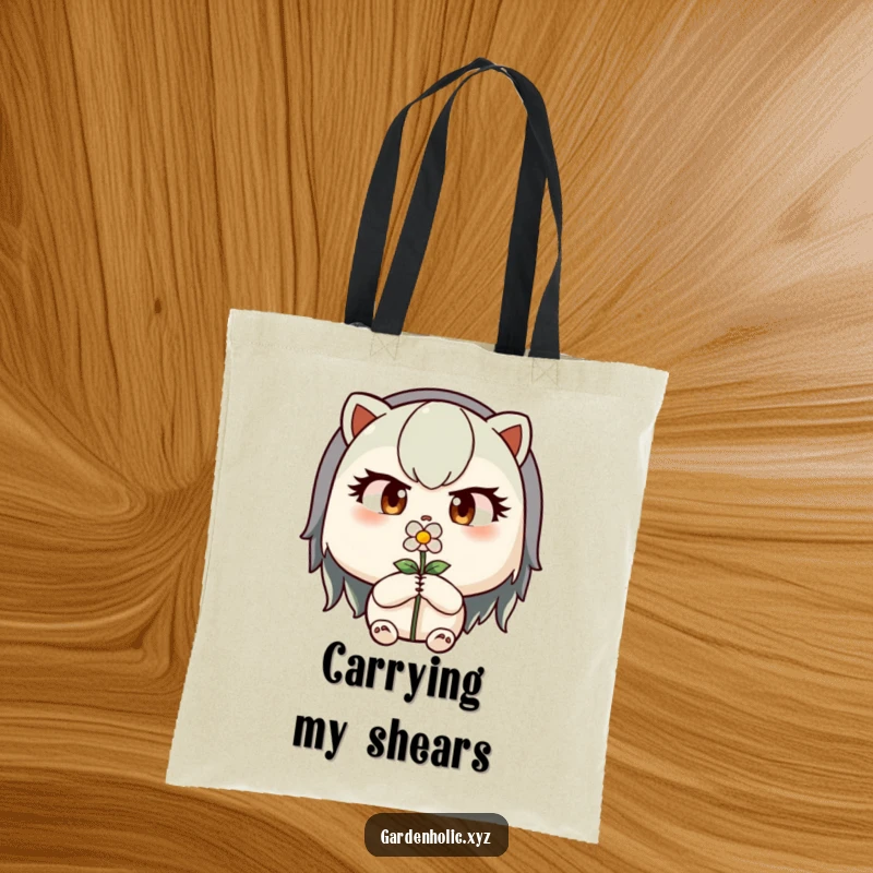 Funny tote bag featuring a determined character with focused eyes pruning a tiny flower with care.