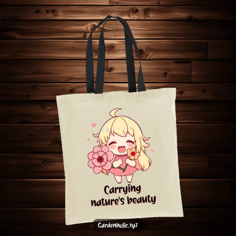 Funny tote bag with a cute character joyfully presenting a stunning blooming flower, perfect for daily use and spreading cheer.