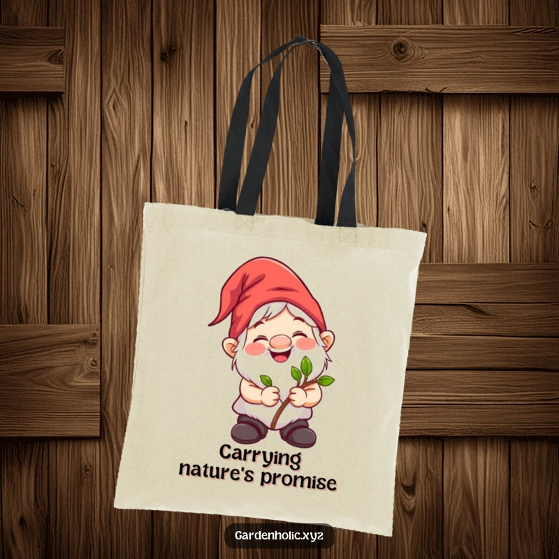 Funny gnome character beaming while holding a tiny sapling, ready for gardening on a sturdy tote bag.
