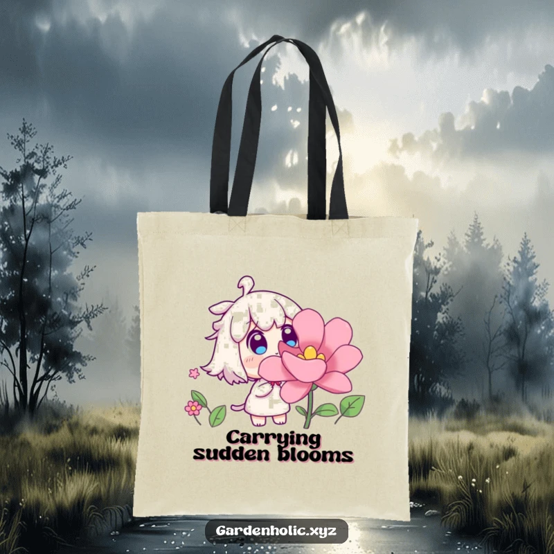 Funny tote bag featuring a surprised character watching a flower bloom rapidly, symbolizing surprise and practicality, a durable and funny gift.