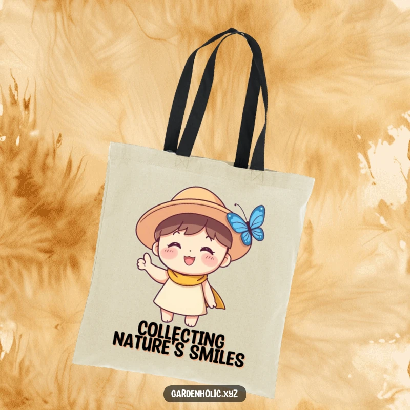 Funny Sun Hat Character Tote Bag: A smiling character in a sun hat waves cheerfully at a fluttering butterfly, ready for adventures.
