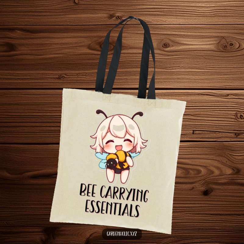 Funny tote bag illustration of a character giggling while gently holding a buzzing bumblebee, ideal for carrying everyday items.