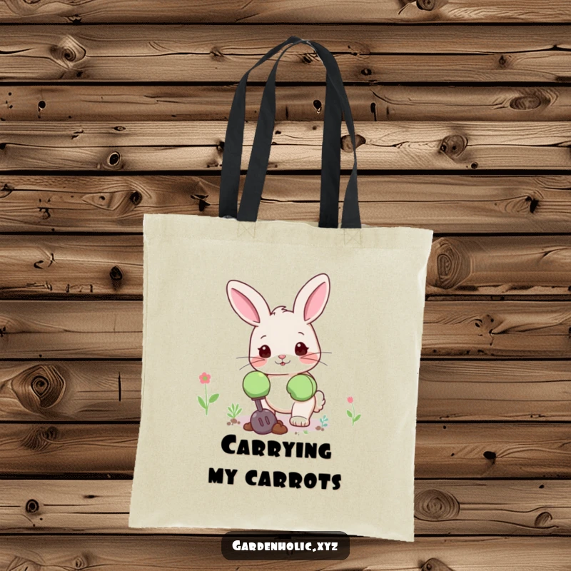 Funny bunny tote bag depicting a cute bunny in oversized gardening gloves, digging happily, excellent for a fun, functional gift.