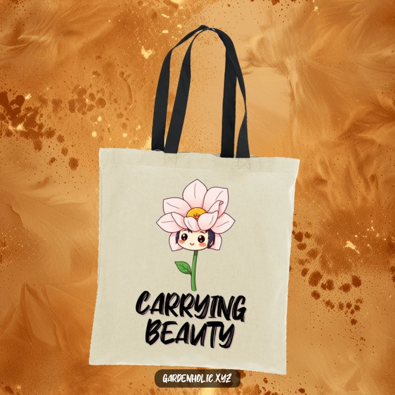 Funny tote bag featuring a character with a cheerful expression admiring a spectacular, freshly bloomed, oversized flower.