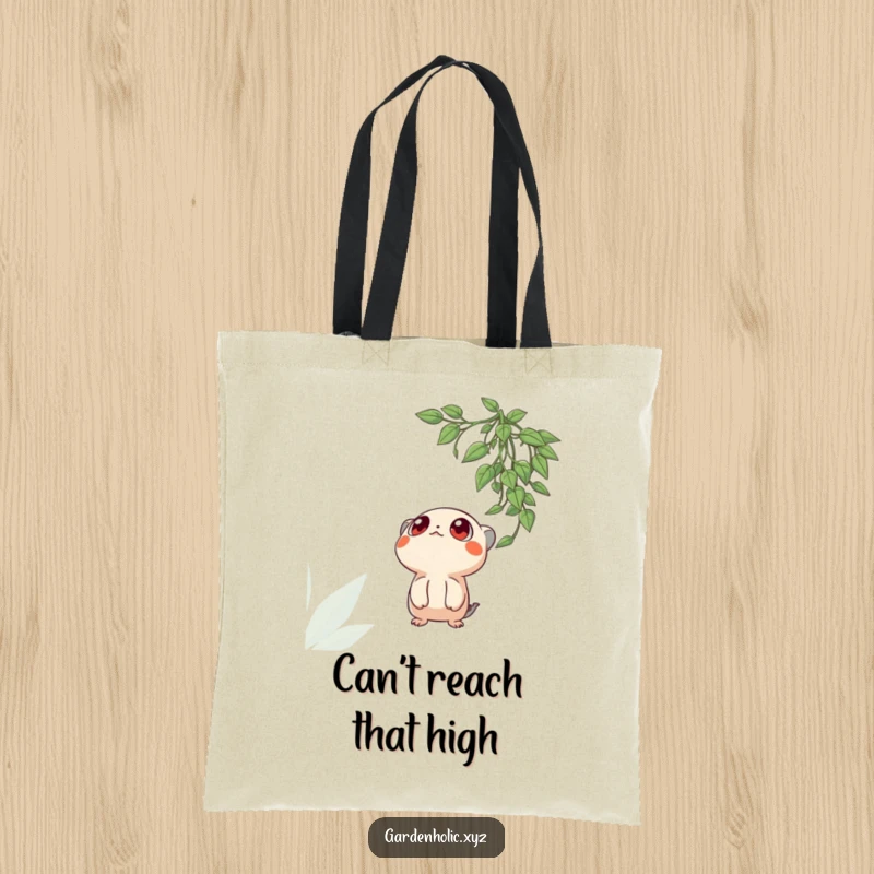 Funny tote bag with a creature's wide, curious eyes fixated on a hanging plant, perfect for carrying essentials with style.
