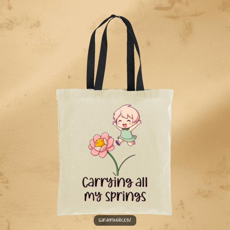 Funny Tote Bag: Character in mid-air, leaping over a beautiful blooming flower, showcasing a love for nature and fun.