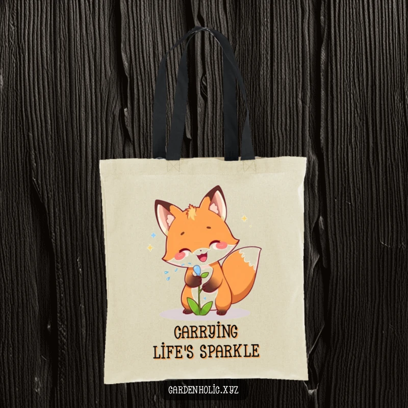 Funny fox tote bag depicting a joyful fox showering a small plant with sparkling water, excellent for a fun, functional gift.
