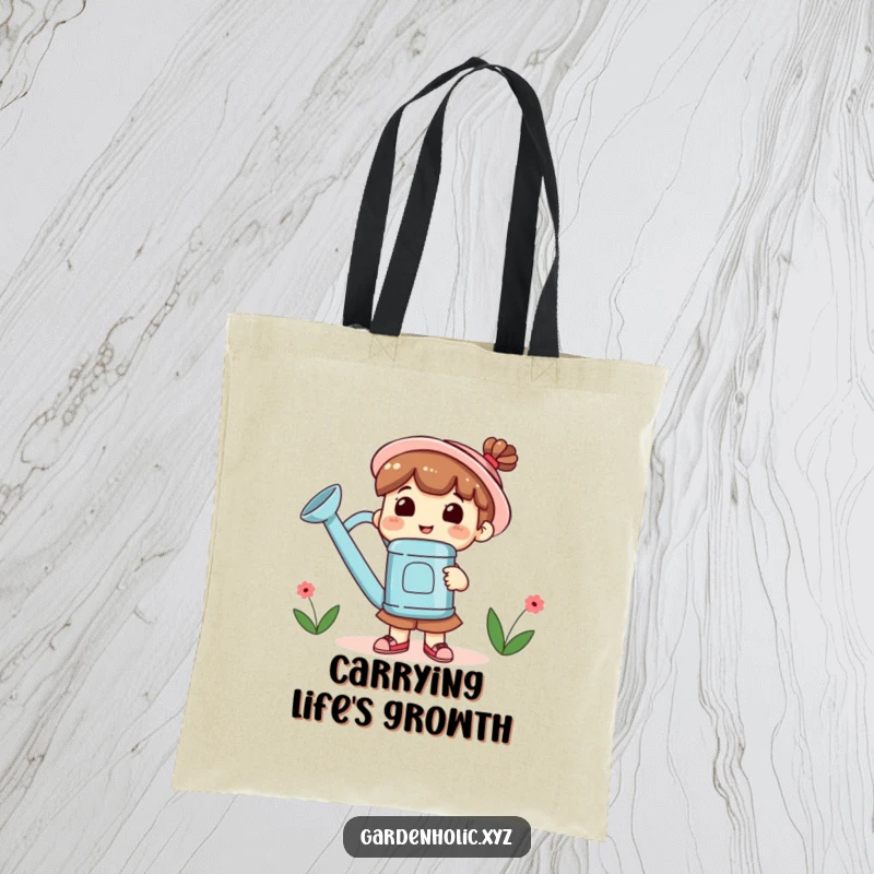 Funny Tote Bag with a smiling character holding a huge watering can, ideal for carrying gardening tools or plants.