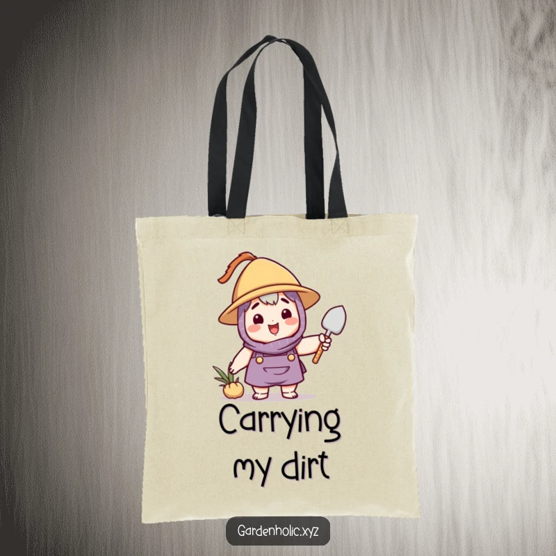 Funny gardener tote bag with a happy character wearing a hat, holding and waving a small trowel, perfect for carrying supplies.