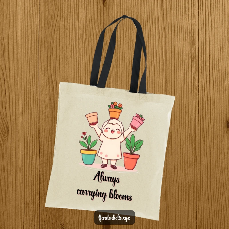 Funny gardener tote bag with a playful character juggling three colorful flower pots, a great funny gift.