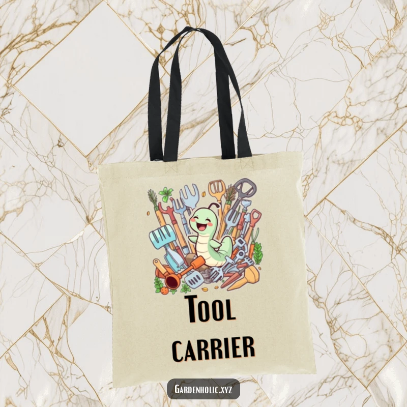 Funny tote bag with a giggling worm joyfully swimming through a pile of gardening tools, symbolizing garden playfulness.