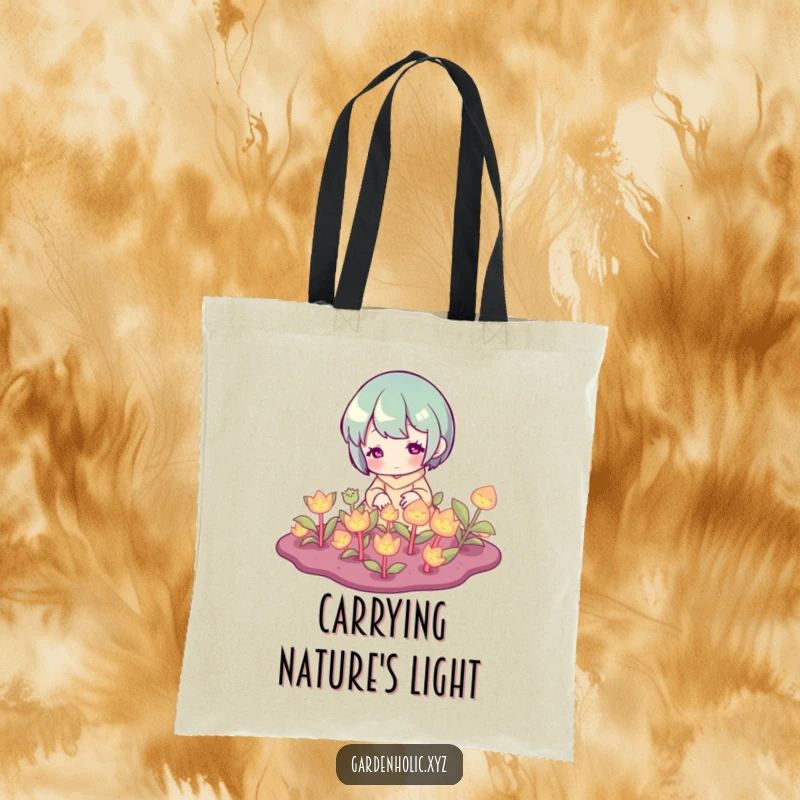 Funny Tote Bag: A character carefully tending to a cluster of softly glowing plants, perfect for green thumbs.