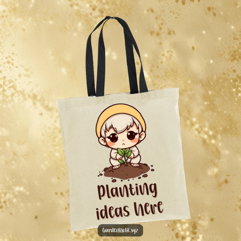 Funny tote bag showing a determined character planting a tiny seed with hope, perfect for carrying essentials.