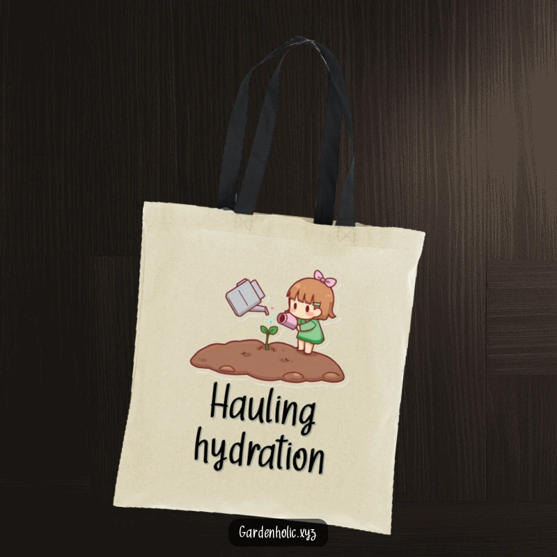 Funny tote bag showing a small character gently watering a tiny sprout, ideal for carrying gardening supplies and everyday items.