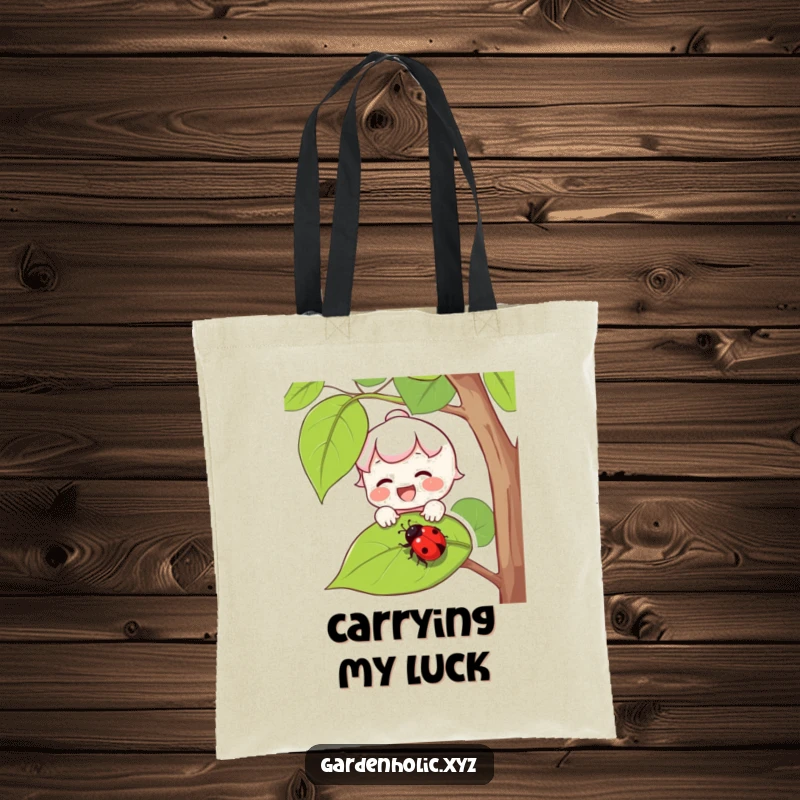 Funny tote bag featuring a joyful character with rosy cheeks catching a falling ladybug on a leaf.