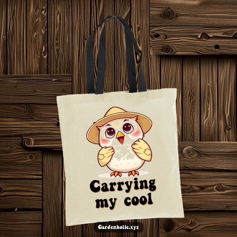 Funny owl fan tote bag, a happy character in a straw hat using a fan, ideal for beach trips and everyday errands.
