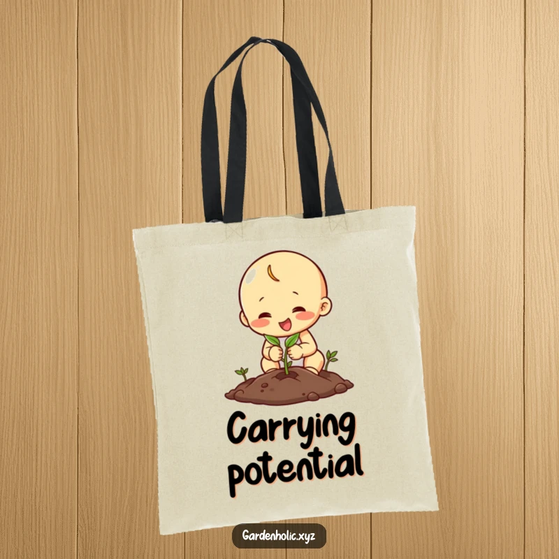 Funny tote bag showing a happy character planting a seed with concentration, ideal for carrying gardening tools and supplies.