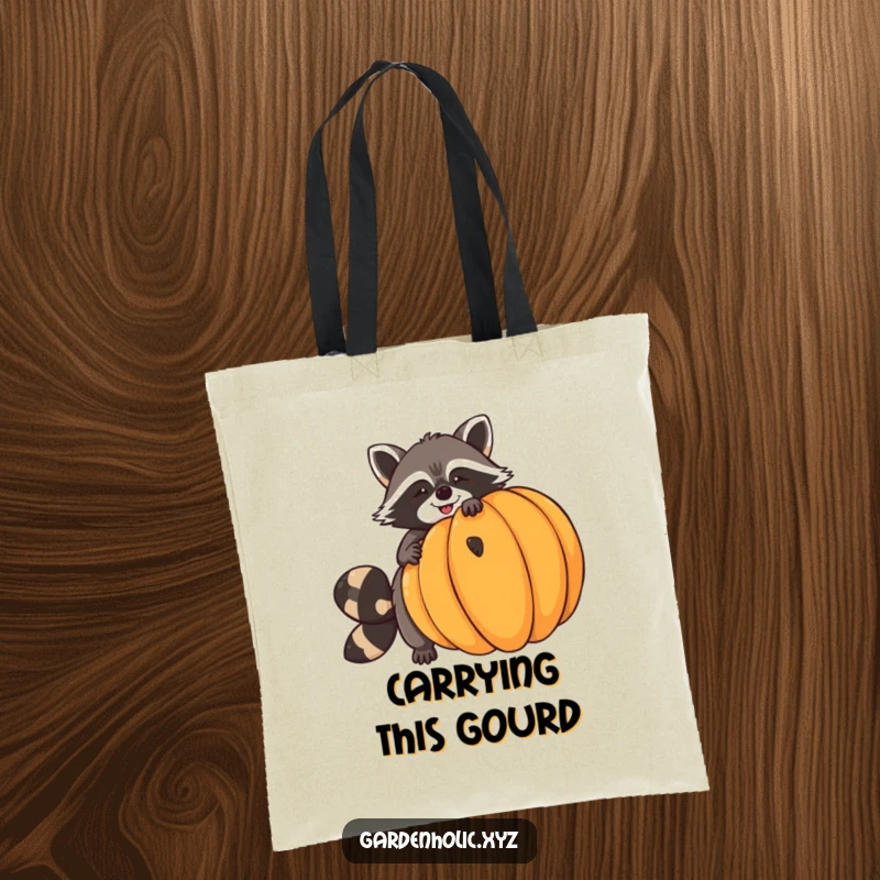 Funny raccoon tote bag depicting a giggling raccoon trying to balance a huge pumpkin, symbolizing autumn challenges and playful antics.
