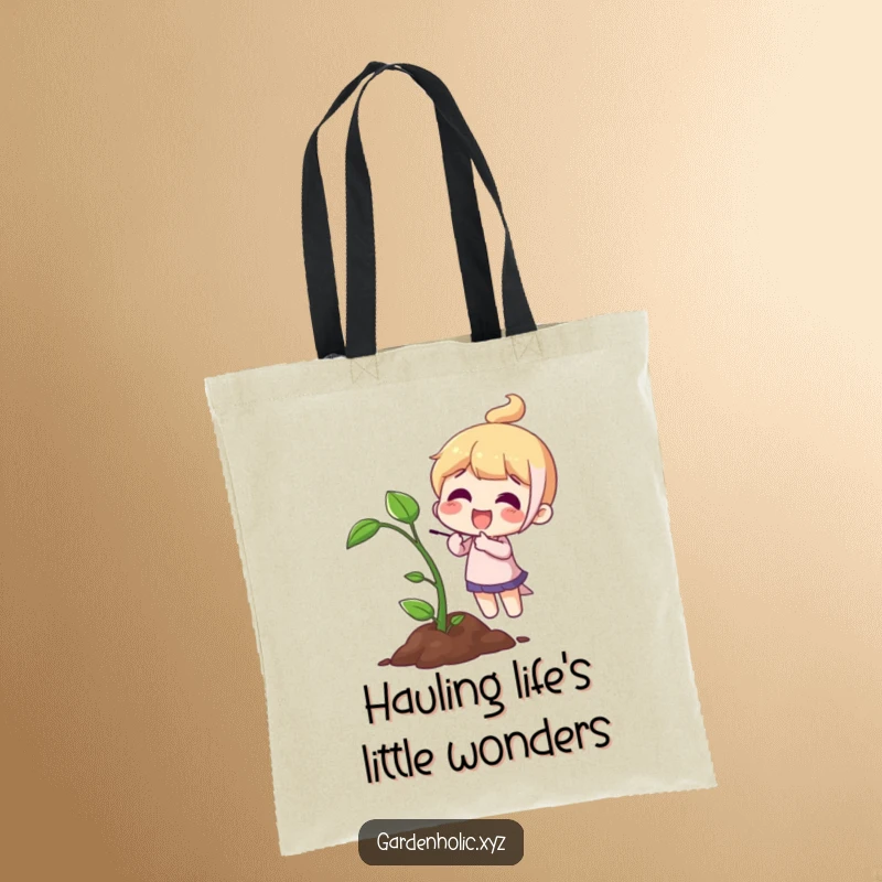 Funny Tote Bag: A character joyfully points at a delicate sprout, celebrating nature’s unfolding beauty.