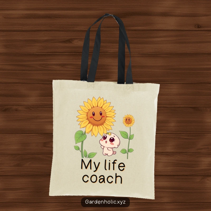 Funny tote bag showing a wide-eyed surprised character in awe of a giant, beaming sunflower, a practical and humorous accessory.