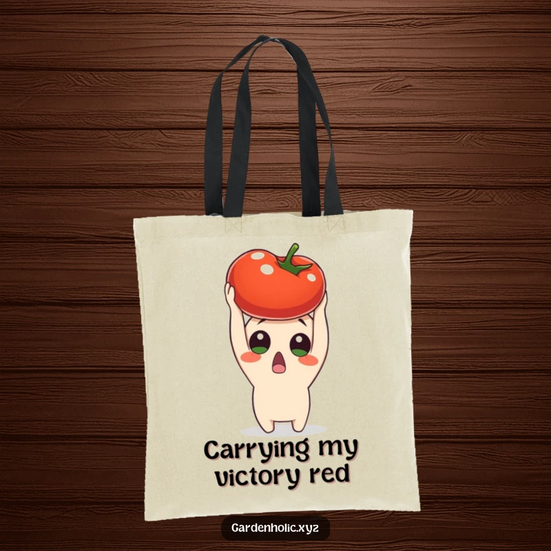 Funny surprised character holding a ripe tomato overhead, featured on a durable tote bag, ideal for shopping and celebrating finds, a practical funny gift.