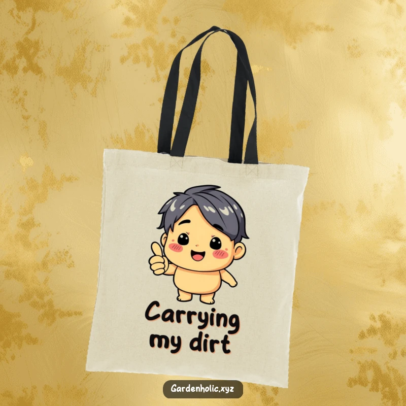 Funny tote bag showcasing a dirt-smudged character giving a thumbs up, ideal for carrying gardening tools.