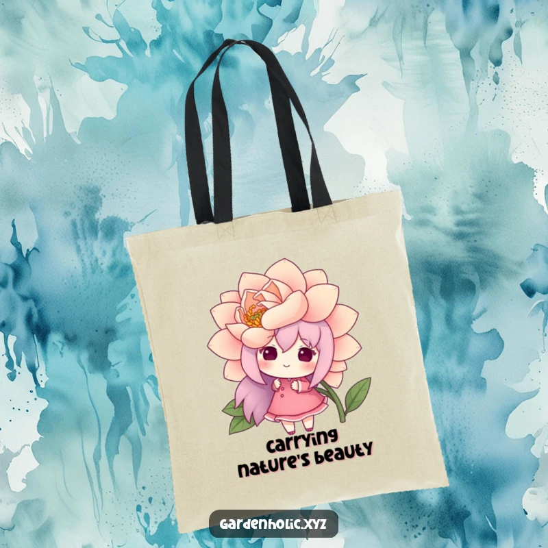 Funny tote bag showing a cheerful character admiring a freshly bloomed, oversized flower, a humorous and beautiful accessory.