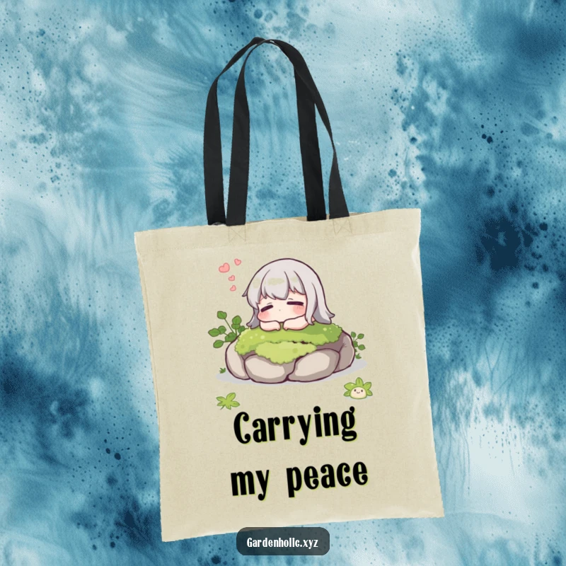 Funny tote bag showing a character with a contented sigh resting on a mossy stone, a humorous and practical accessory.