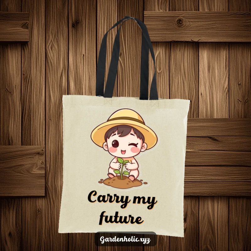 Funny Tote Bag: A character wearing a sun hat winks as they plant a seed, perfect for gardening essentials.