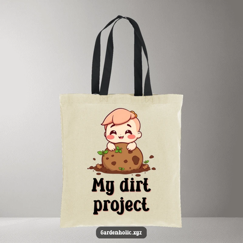 Funny tote bag showcasing a character with a wide smile rolling a ball of soil, ideal for carrying gardening supplies.